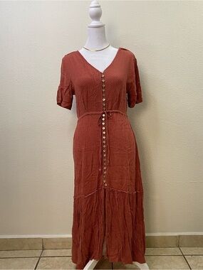 Wild Moss Terracotta Maxi Dress M White Polka Dot V-Neck Drawstring Cottagecore
